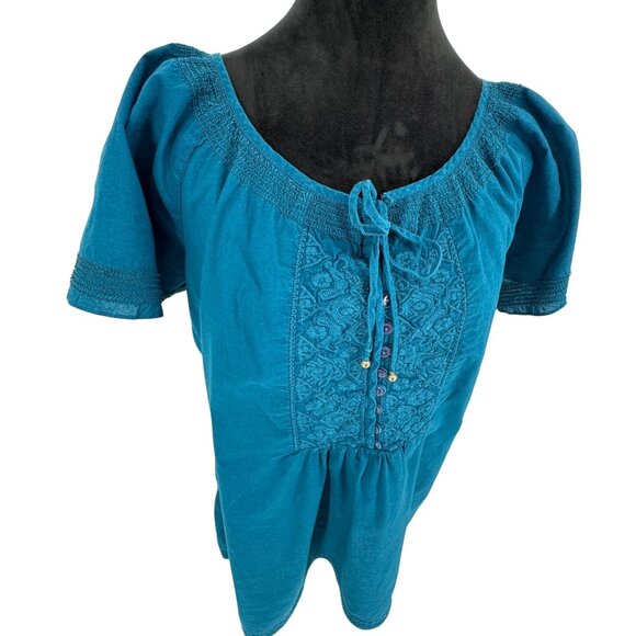 St‎ Johns Bay Y2K Peasant Top Womens Embroidered Size M Vintage Milkmaid Lace Up - Picture 1 of 7